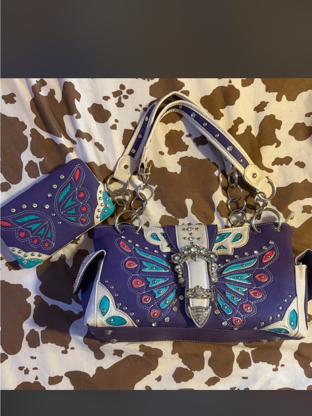 Purple Embellished Butterfly Shoulder Bag with Matching Wristlet